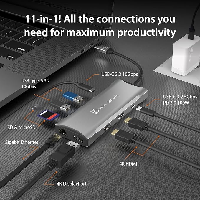 j5create USB C 4K Triple Display Hub - 4K HDMI x2, 4K DP, 2 USB-A and USB-C 10Gbps, PD 100W, Ethernet, SD 4.0 Card Reader | for XPS, Surface Pro (JCD397)