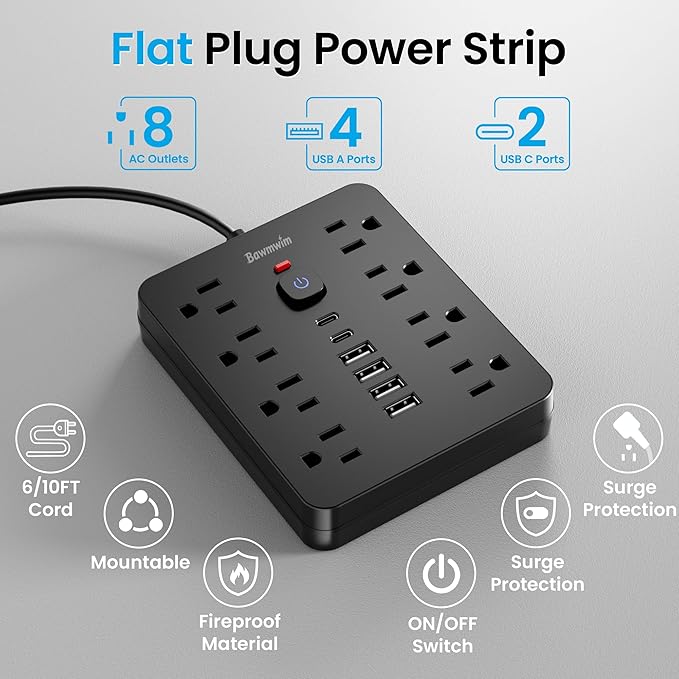 Surge Protector Power Strip, 8 Outlets(1850W/15A), 6 USB Charging Ports(2 USB C), 6FT Flat Plug Extension Cord Outlet Extender with Overload Protection, ETL Certified for Office, Dorm Room