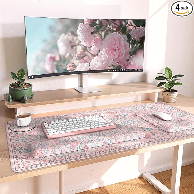 iLeadon Desk Matt for Desktop, Non Slip Base Ergonomic Mouse Pad with Wrist Rest, Wrist Pad for Keyboard, Gaming Mouse Pad Large, Anti-Fatigue Desk Mat with Wrist Support (Pink)