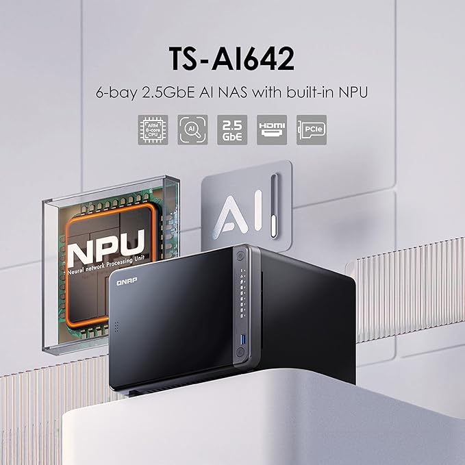 QNAP TS-AI642-8G-US 6 Bay AI NAS with a Power-efficient ARM Processor and NPU for AI-Powered Video and Image Recognition Applications (Diskless)