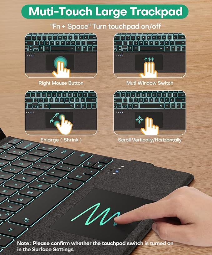 Surface Pro Keyboard for Microsoft Surface Pro 11/10/9/8/X 13", 7 Color Backlits Portable Type-Cover, Bluetooth Wireless Magnetic Ergonomic Ultra Slim Keyboard, Trackpad, USB-C Recharge, Pen Holder