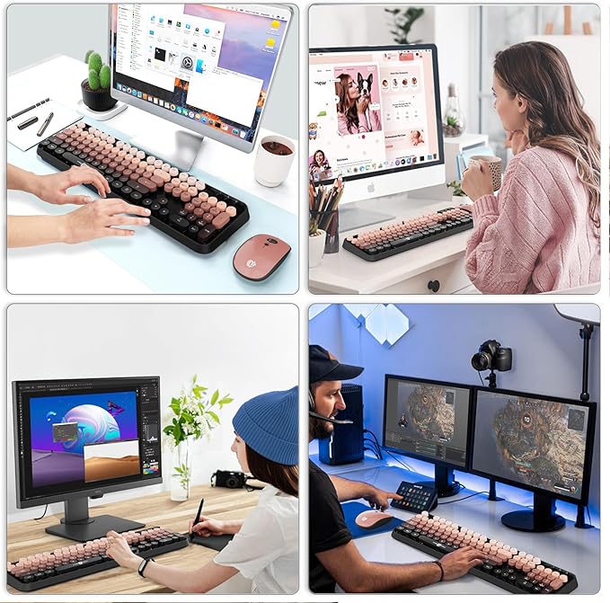 Wireless Keyboard and Mouse Combo, Retro Typewriter Style Keyboard with Cute Round Keycaps, 2.4GHz Bubble Creamy Keyboard for Long Nails, Clicky Mouse with 3 DPI for PC Computer Laptop Desktop (Black)