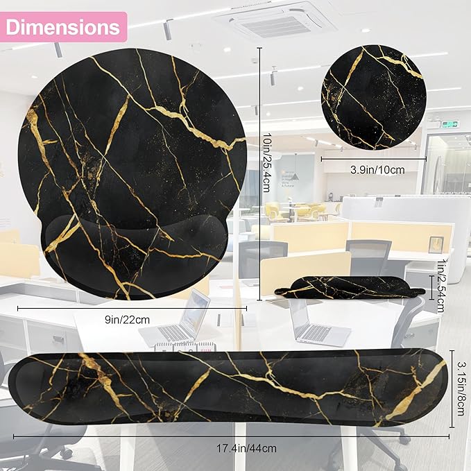 Golden Black Flowing Marble Mouse Pad with Wrist Rest and Keyboard Wrist Rest Set, Non-Slip Rubber Base Memory Foam Mouse Pad Set for Women, Office Desk Accessories, Gaming