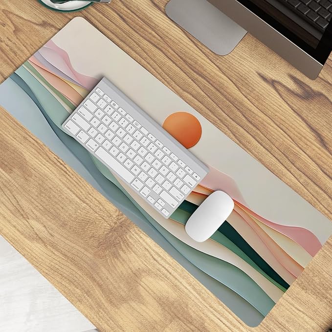 Aesthetic Boho Abstract Sunset Mouse Pad,XL Large Minimalist Pastel Layered Landscape Desk Mat,Summer Sun Mousepad for Home Office Dorm Desktop Decor,31.5x11.8 Inch