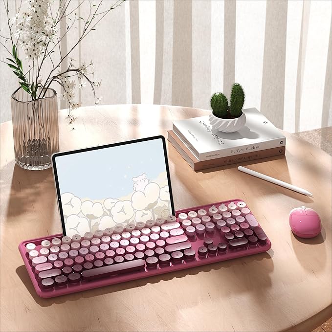 Colorful Wireless Computer Keyboard and Mouse Combo with Phone Holder, Wrist Rest, Typewriter Keys, 2.4GHz Wireless, Full-Sized Optical Mouse for PC and Laptop(Rose-Red Colorful)