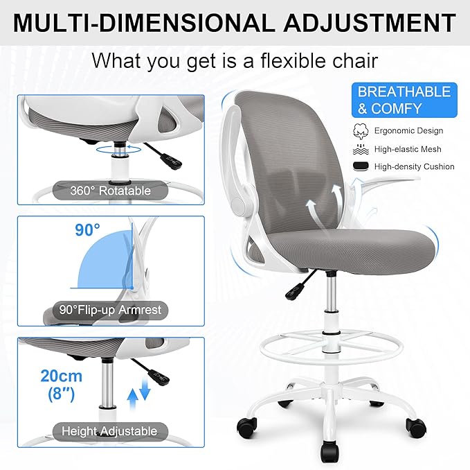 Ergonomic Drafting Chair with Flip-Up Armrests & Adjustable Footrest – Tall Office Chair for Standing Desks, Lumbar Support, Gray – Home & Office Comfort