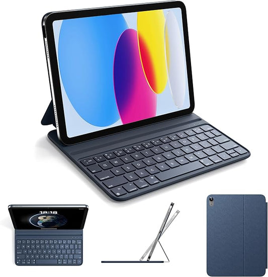HOU Slim Bluetooth Keyboard Case for 2025 11th-Gen iPad (A16) & 2022 10th-Gen iPad, Smart Folio, Magnetic Stand with 2 Ergonomic Tilt Angles, Recyclable Synthetic Leather, Long-Life Battery, Blue