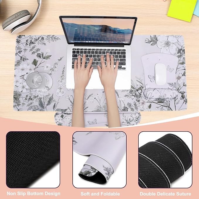 MEGREZ 4-in-1 Ergonomic Memory Foam Wrist Rest Set, Desk Pad, Mouse Pad with Wrist Rest, Keyboard Pad, Suitable for Office Workers, Programmers & Gamers–Relieve Typing & Gaming Fatigue, Green Flower