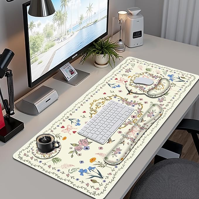 Off-White Mouse Pad, Cute Large Desk Mat Extended Nature Aesthetic Deskpad, 4 PCS Non-Slip Rubber Base Computer Mouse Pads for Work, Game, Office, Home Decor Gifts I Heart Bow & Floral Magpie
