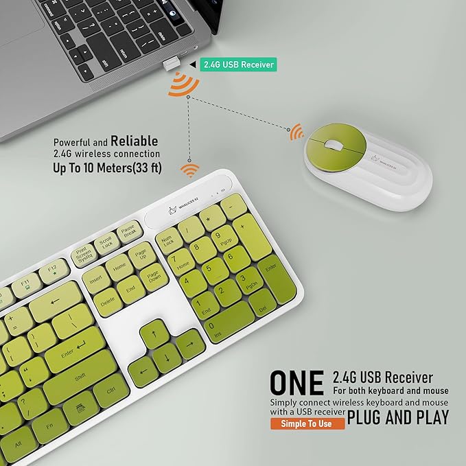 Wireless Keyboard and Mouse Combo - 2.4G Wireless, Rechargeable, Quiet, Cute Colorful, Full-Sized, 3 DPI Adjustable Mouse, for Computer, Laptop, PC, Desktop(Green)