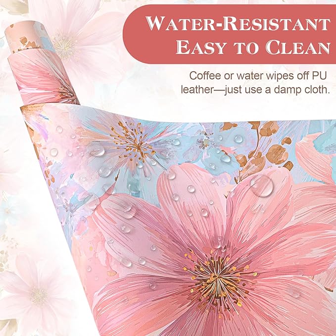 Desk Mat Desk Pad for Keyboard and Mouse, 31.5 x 15.7 in, Pastel Pink Blue Floral Watercolor PU Leather Computer Protector, Non-Slip Base, Waterproof, Easy Clean for Office Gaming, Mouse Pad