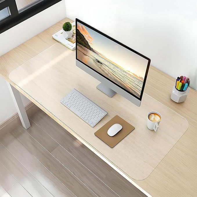 NATRKE Clear Desk Mat Pad, 31.5"x15.7" Large Transparent Computer Desk Mat Plastic Desktop Protector, PVC Writing Pad Round Edge, Waterproof Wipeable Non-Slip Table Protector for Home Office, Frosted