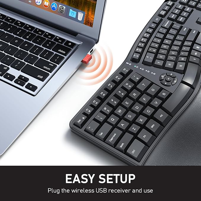 MEETION Ergonomic Keyboard Wireless, Split Curved Keyboard with Cushioned Wrist Palm Rest, 2.4G Cordless Computer keybaords, Full Size Natural Typing for Windows/Mac/Laptop/PC, Black