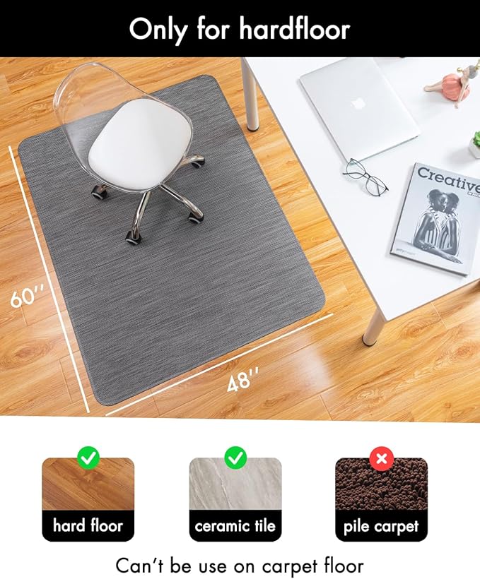Office Chair Mat for Hardwood Floor Under Desk Computer Rolling Chair Mat for Wood/Tile Floor Non-Slip Heavy Duty Desk Rug PVC Plastic Hard Floor Protector 48" x 60" (Gray)