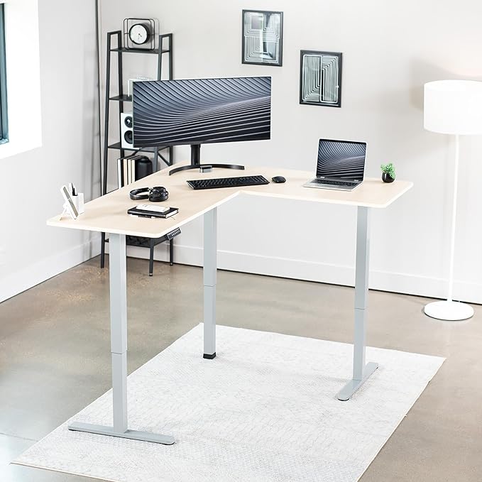 VIVO Corner Standing Desk, 63 x 55 inch Reversible L-Shaped Workstation, Electric Height Adjustment, Home, Office, and Reception Rooms, Light Wood Table Top Gray Frame, DESK-E3CTGC