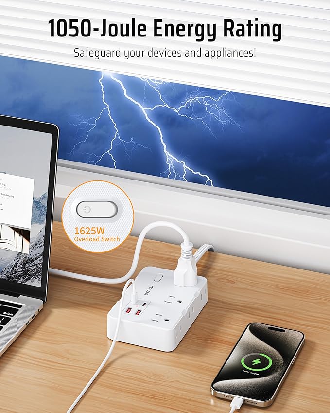 Surge Protector Power Strip with Flat Plug, 5 FT Extension Cord with 6 AC Outlets 4 USB Ports(2 USB-C),1050J Surge Protection, Wall Mountable Charging Station for Office, Home, White