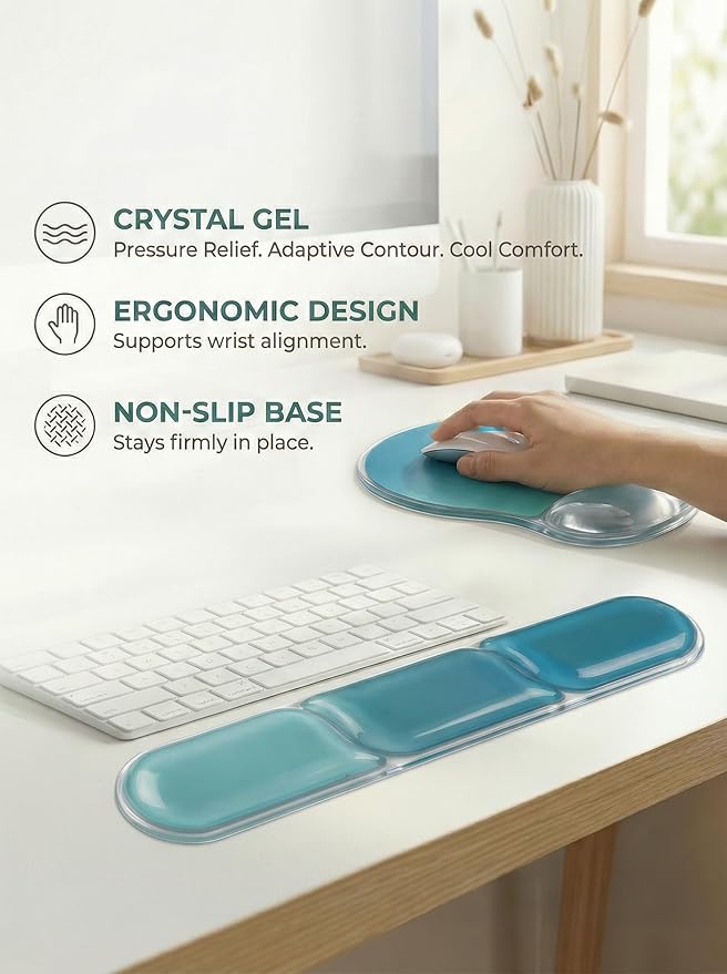 icolor Crystals Gel Mouse Pad Keyboard Wrist Rest Set, Ergonomic Keyboard & Mousepads Wrist Support, Non Slip Gel Keyboards Wrist Rest Desk Pad for Computer Laptop Gaming Office Gift (Seagreen)