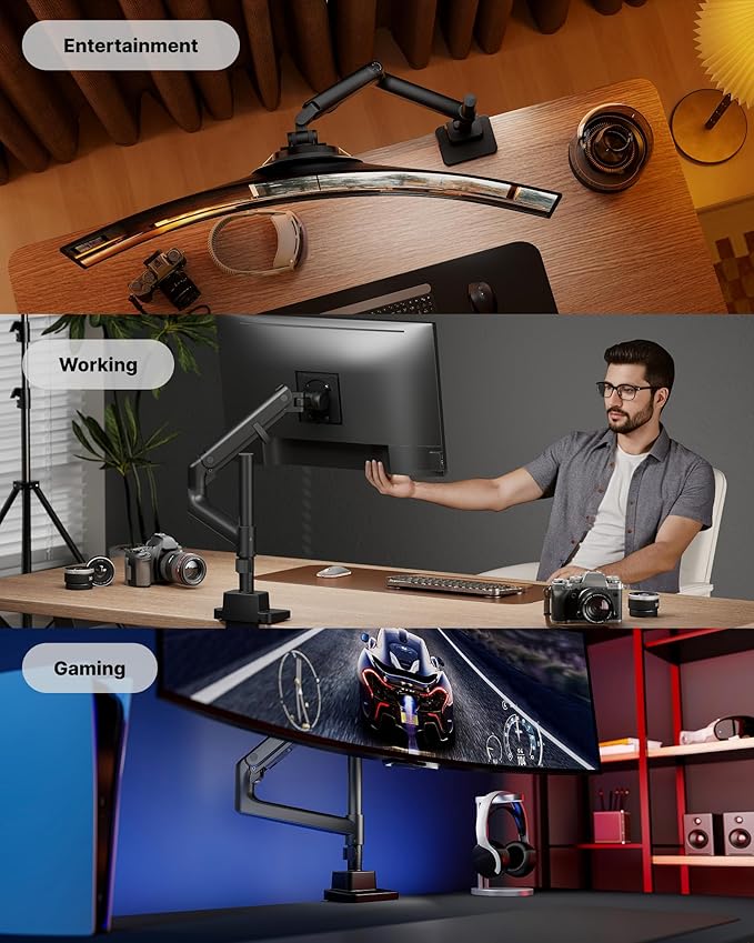 monTEK 17-57 Inch Ultrawide Monitor Arm for Up to 59.4lbs Screens, Aluminum Heavy-Duty Gas Spring Single Curved Screen Adjustable Monitor Stand,75/100mm Vesa Mount, Black