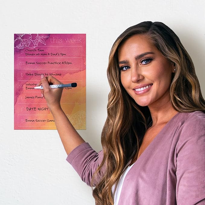 Dry Erase Weekly Calendar Planner Sticker Decal | Removable & Reusable | Magnetic Fine-Tip Marker Included (9 x 12 inches, Peony)