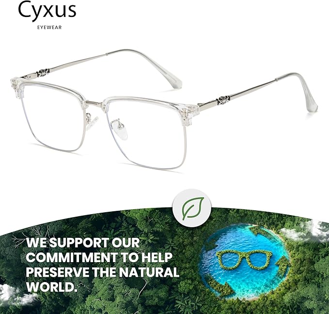 Cyxus Retro Blue Light Glasses Men - Square TR90 Metal Blowline Frame Stylish Trendy for Computer Daily Work 8252