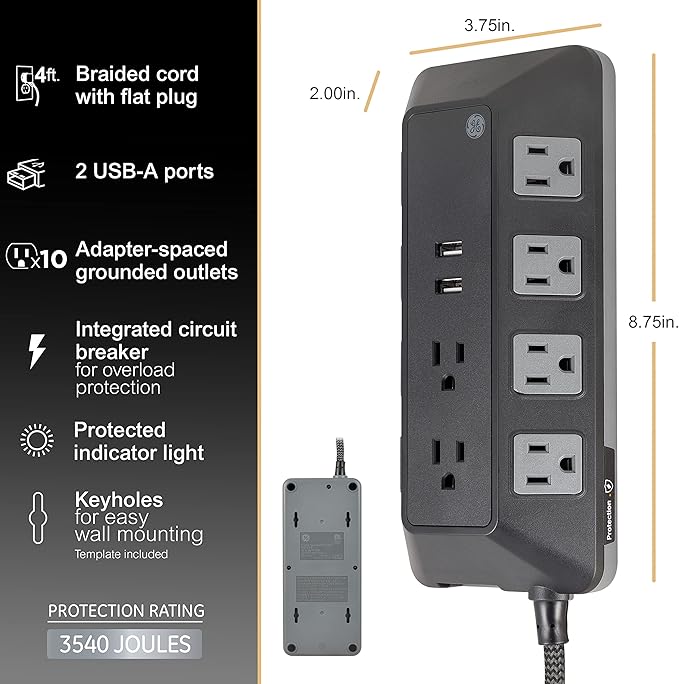 GE UltraPro Adapt 10-Outlet Surge Protector with USB Ports, 2 USB-A Ports, 2.4A, 12W, 4ft Braided Cord Power Strip Surge Protector, 3540 Joules, Black, 73775