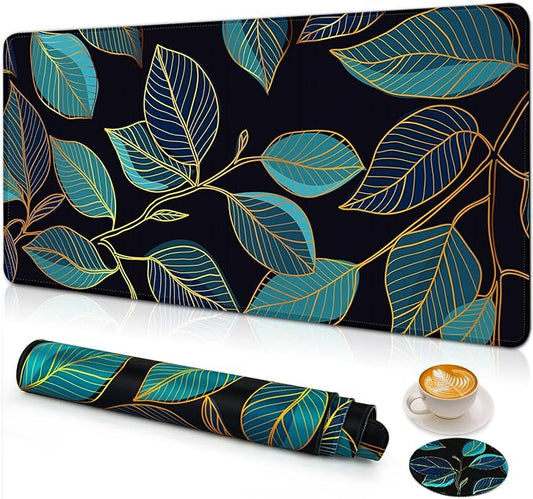 Large Gaming Mouse Pad with Coaster, Desk Matt for Desktop, Desk Pad, Mouse Pads Mat, Stitched Edges Big Extended Mousepad for Computer Keyboard Laptop Office Decor, 31.5'' x15.6''-Leaves 3