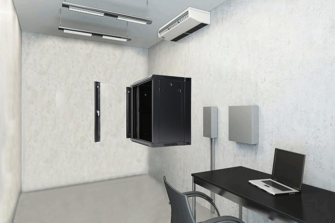 AEONS 9U Professional Wall Mount Server Cabinet Enclosure Double Section Hinged Swing Out 19-Inch Server Network Rack with Locking Glass Door Black (Fully Assembled)