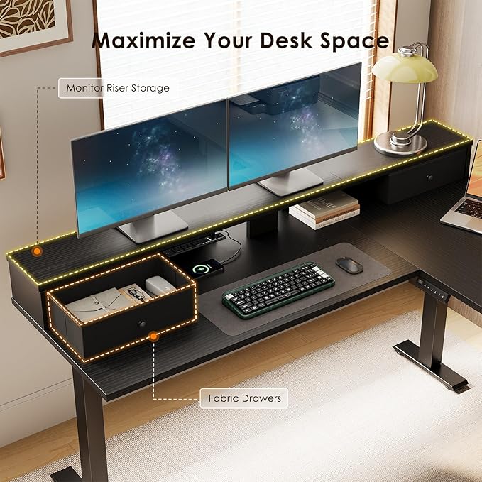 Casaottima 59 Inch Electric L-Shaped Standing Desk with Drawers, Height Adjustable Stand Up Corner Desk with Monitor Stand, Lift Table for Home, Office, Workstation, Black