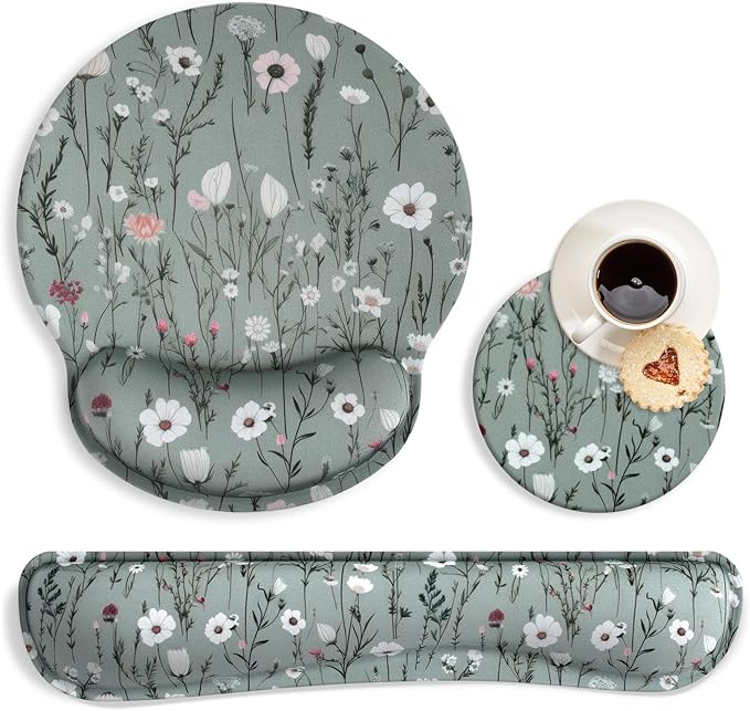 Green Floral Mouse Pad with Wrist Rest and Keyboard Wrist Set, Wildflower Ergonomic Memory Foam Mouse Pad Set for Women, Office, Typing, Gaming