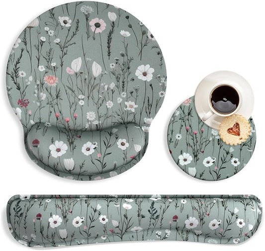 Green Floral Mouse Pad with Wrist Rest and Keyboard Wrist Set, Wildflower Ergonomic Memory Foam Mouse Pad Set for Women, Office, Typing, Gaming