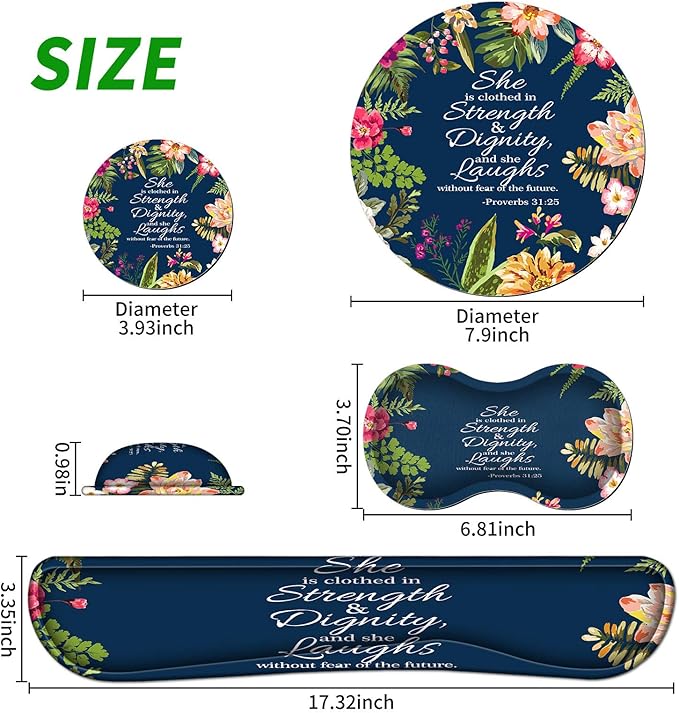 Ergonomic Keyboard Wrist Rests Gel Memory Foam Mouse Pad with Round Mousepad + Coasters, Wrist Support Set with Non Slip Base for Gaming Office Laptop Easy Typing, Psalm 31:25 Watercolor Floral