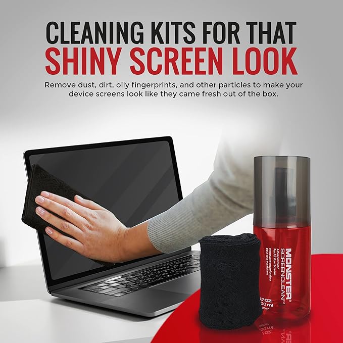 Monster Screen Cleaner Kit, 60 mL, Microfiber Cloth, for HDTVs, Tablets, Laptops, Smartphones, Eyeglasses