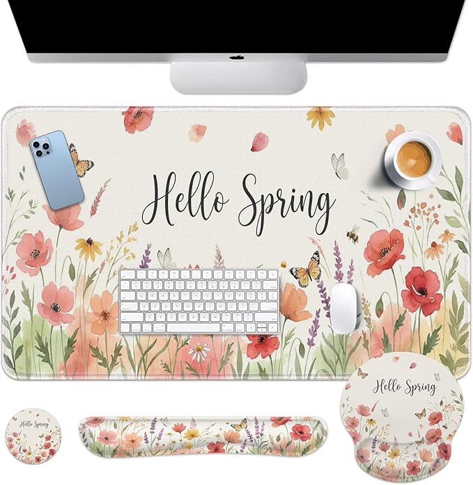 Arttown Spring Wildflower Butterfly Desk Mat Watercolor Mouse Pad Set 4 in 1 Ergonomic Design Large Mouse Pad + Keyboard Wrist Rest + Mouse Wrist Rest + Coaster Suitable for Home Office Study Game