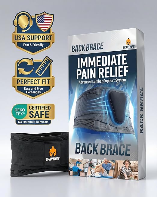 Sparthos Back Brace for Lower Back Pain - SIZE X-LARGE: Fits 52"-59" Waist (Measure at Navel - See Sizing Chart) – Relief from Sciatica, Herniated Disc - Support Belt with Lumbar Pad - Men & Women