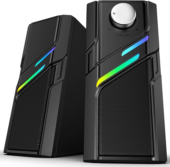 LENRUE Computer Speakers for Desktop PC with Easy Knob, Clear Powerful Sound, Touch Lights, Plug and Play for Computer Desktop PC, Monitors, Laptop