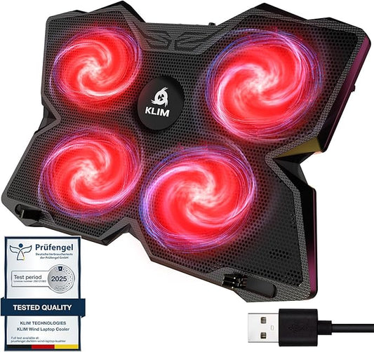 KLIM Wind Laptop Cooling Pad - More Than 500 000 Units Sold - New - The Most Powerful Rapid Action Cooling Fan - Laptop Stand with 4 Fans at 1200 RPM - USB - PS5 PS4 - Red