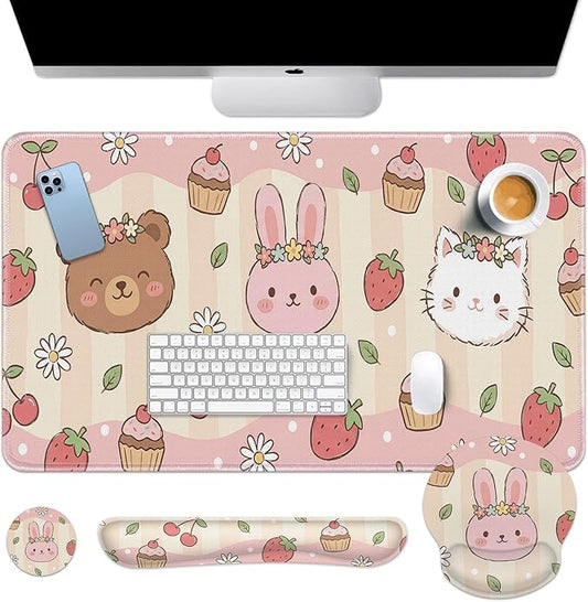Arttown Kawaii Animal Desk Mat Strawberry Pink Mouse Pad Set 4 in 1 Ergonomic Design Large Mouse Pad + Keyboard Wrist Rest + Mouse Wrist Rest + Coaster Suitable for Home Office Study Game