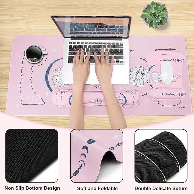 MEGREZ 4-in-1 Ergonomic Memory Foam Wrist Rest Set, Desk Pad, Mouse Pad with Wrist Rest, Keyboard Pad, Suitable for Office Workers, Programmers & Gamers–Relieve Typing & Gaming Fatigue,