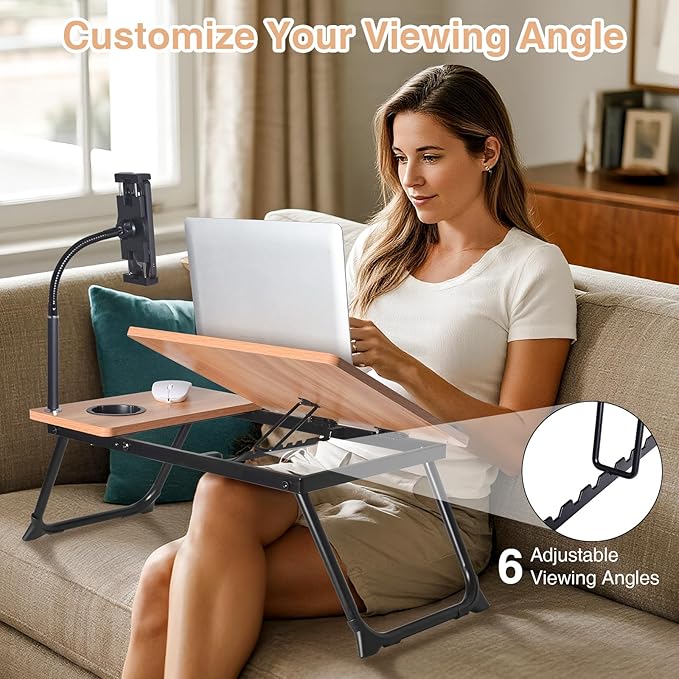 wishacc Lap Desk for Bed, Laptop Desk with Adjustable Tablet Stand, Sturdy Metal Frame Bed Desk, Foldable Laptop Bed Tray Table for Adults Couch Sofa, Portable Lap Desk for Laptop & Phone Slot
