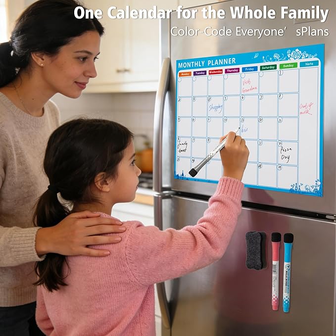 Magnetic Calendar for Refrigerator, 17×12" Fridge Calendar Whiteboard Calendar with Markers and Eraser, Monthly Dry Erase Family Planner with Side Notes for Lists, To-Do Tasks Monday Start