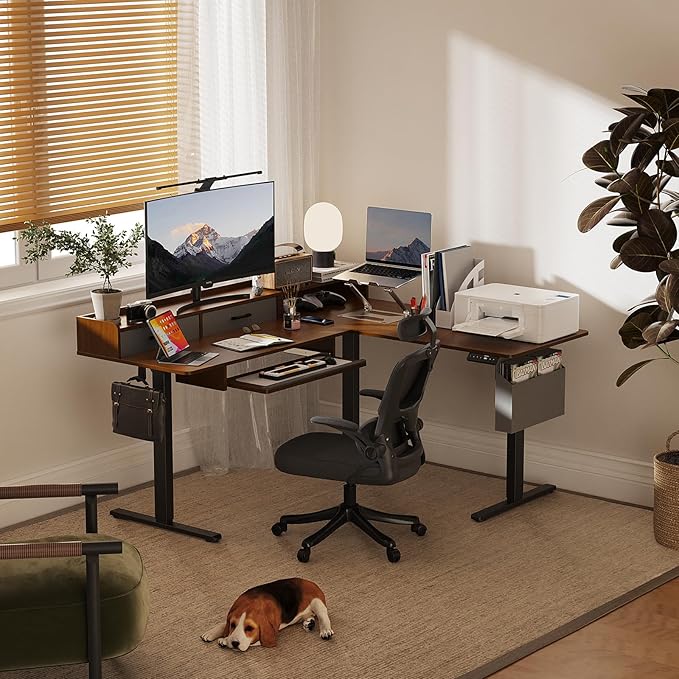 63 Inches Height Adjustable L Shaped Standing Desk with 2 Drawers and Keyboard Tray, Electric Sit to Stand Home Office Comupter Table, Ergonomic Corner Gaming Desk, Black Walnut