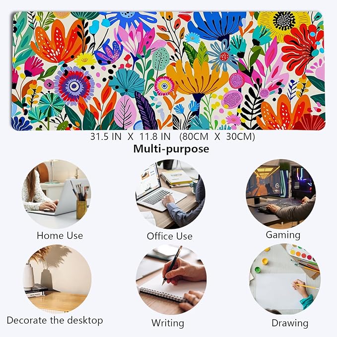 Boho Colorful Botanical Wildflower Mouse Pad,XL Large Floral Aesthetic Bright Maximalist Desk Mat,Folk Art Botanical Flower Mousepad for Home Office Dorm Desktop Decor,31.5x11.8 Inch