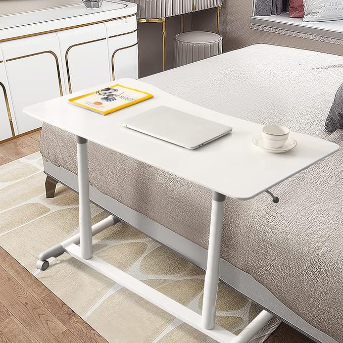 COSTWAY Mobile Height Adjustable Standing Desk, Compact Pneumatic Sit to Stand Computer Desk w/Lockable Casters, Ergonomic Rolling Laptop Table w/Steel Frame for Home Office (White)