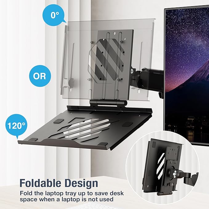 AVLT Adjustable Laptop Tray with Support for 120mm Fan Compatible with VESA 75x75 Monitor Arm - Fits Up to 17Inch Laptops - Weighs 4.41lbs, Black (Fan Not Included)