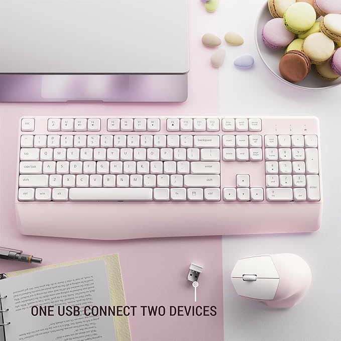 Ergonomic Keyboard and Mouse Combo with Wrist Rest, BK Chipset, Full-Size Colorful Office Keyboard and Mouse, Power Button, USB Receiver for PC Laptop(Pink White)