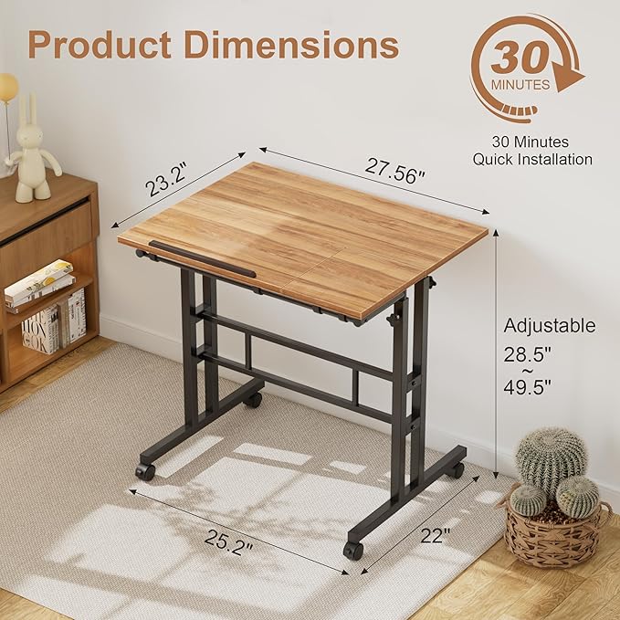 VECELO Mobile Small Standing Desk Adjustable Height, Computer Workstations with Tiltable Tabletop, Lockable Wheels, Portable Rolling Laptop Desk for Home Office, Brown