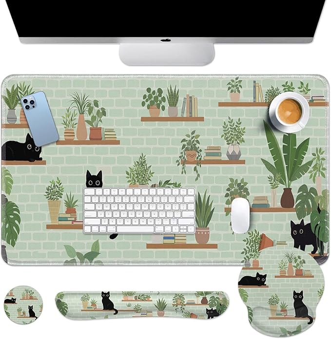 Arttown Cute Cat Plant Desk Mat Green Bookshelf Mouse Pad Set 4 in 1 Ergonomic Design Large Mouse Pad + Keyboard Wrist Rest + Mouse Wrist Rest + Coaster Suitable for Home Office Study Game
