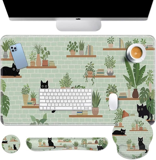 Arttown Cute Cat Plant Desk Mat Green Bookshelf Mouse Pad Set 4 in 1 Ergonomic Design Large Mouse Pad + Keyboard Wrist Rest + Mouse Wrist Rest + Coaster Suitable for Home Office Study Game
