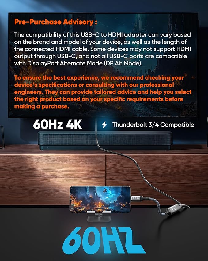 Highwings USB C to HDMI Adapter (4K@60Hz), USB Type C to HDMI Cable Adapter [High Speed, Thunderbolt 3/4 Ports], Compatible for iPhone 15/16 Pro/Max, MacBook Pro/Air, iPad, iMac and More
