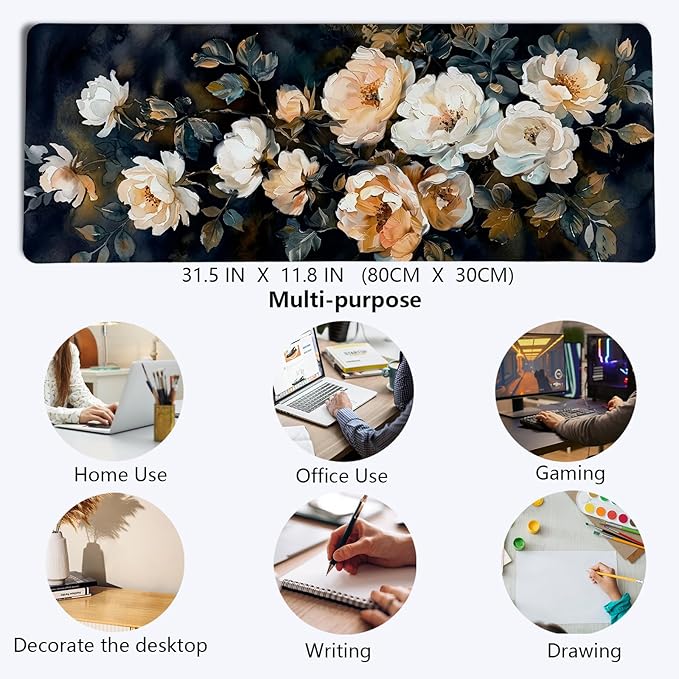 Dark Aesthetic Watercolor Floral Mouse Pad,XL Large Vintage Rose Desk Mat,Spring Summer Botanical Mouse Pad,Rustic Botanical Flower Desk Mat for Home Office Dorm Desktop Decor,31.5x11.8 Inch